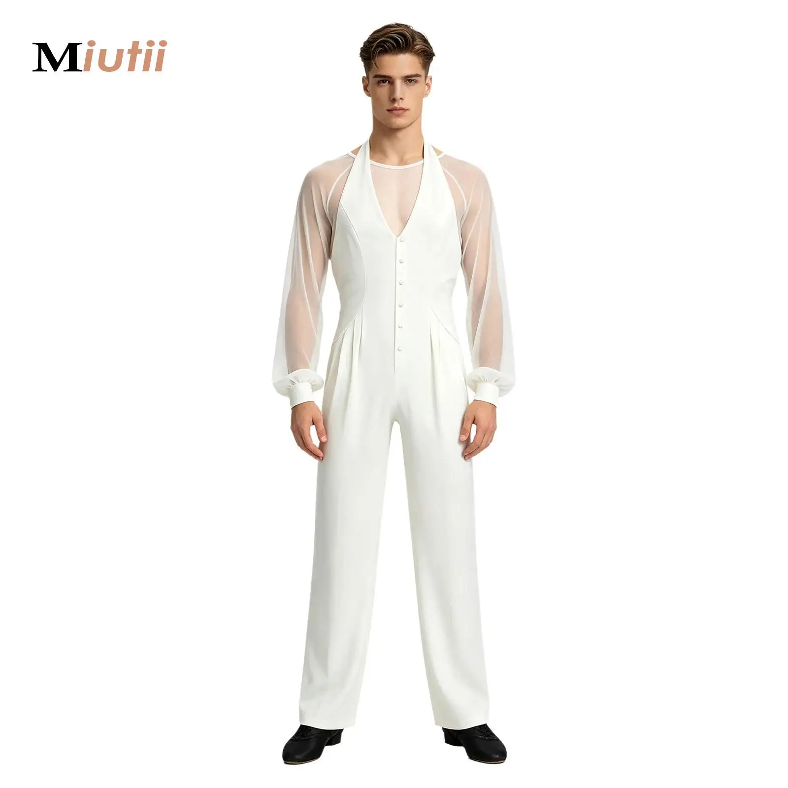 New Latin Dance Pleats Bodysuit For Men Deep V-neck Jumpsuit Practice Ballroom Dance Competition Costumes Dance Unitards Romper