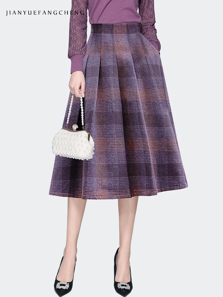 Women Autumn Wool-like Knitted Purple Plaid Skirt High Waist A-Line Pleated Mid-length Skirts With Pockets Fashion Casual Bottom