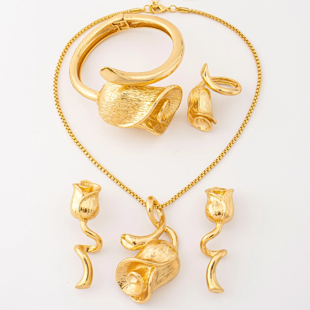 Golden Rose 4-teiliges Schmuckset, 18k vergoldete Halskette, Ohrringe, Armreif, Ring, Damen Braut Hochzeitsschmuck Accessoires Geschenke – Detail 8