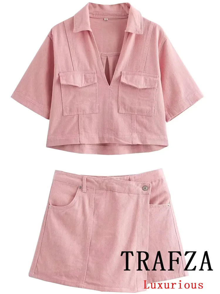 TRAFZA Vintage Casual Pink Denim Chic Women Suit V Neck Loose Jackets Loose Straight Buttons Shorts New Fashion 2024 Summer Sets