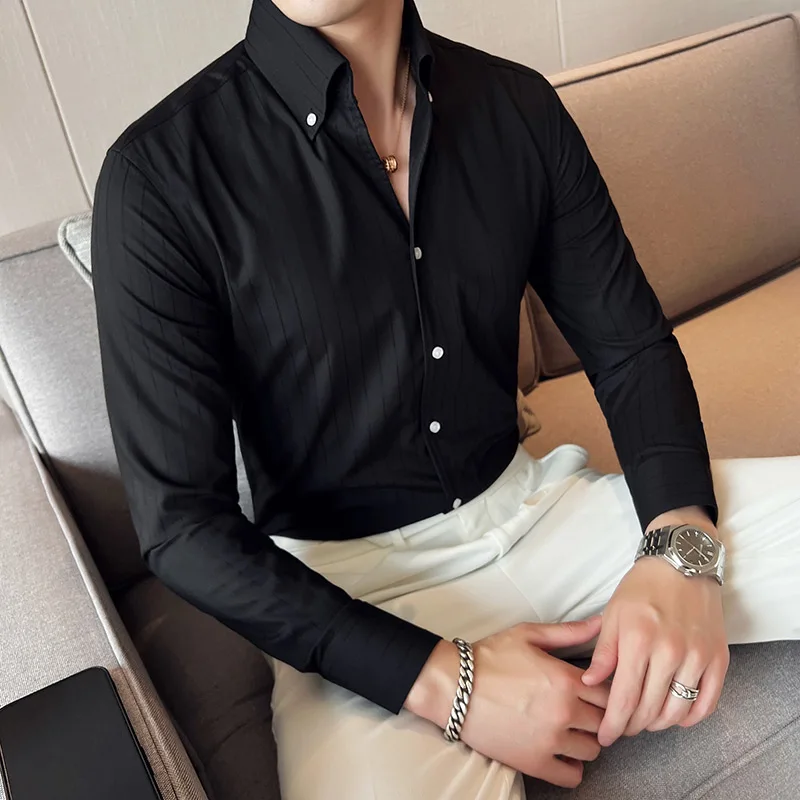 2023 Summer Men Fashion Business Shirt British Gentleman Korean Slim Fit Solid Color Male Half Sleeve Shirt Solid Casual Blouses