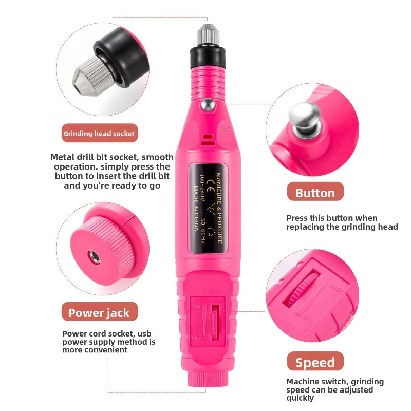 Trapano elettrico per unghie Penna per manicure portatile Batteria ricaricabile 5 impostazioni di velocità Lucidatore per unghie
