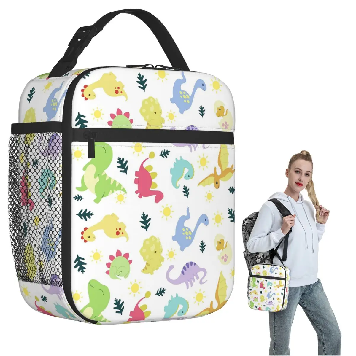 Cartoon Light Color Dinosaur Pattern Insulated Lunch Bag for Women Kids Portable Food Boxes Thermal Lunch Box Tote