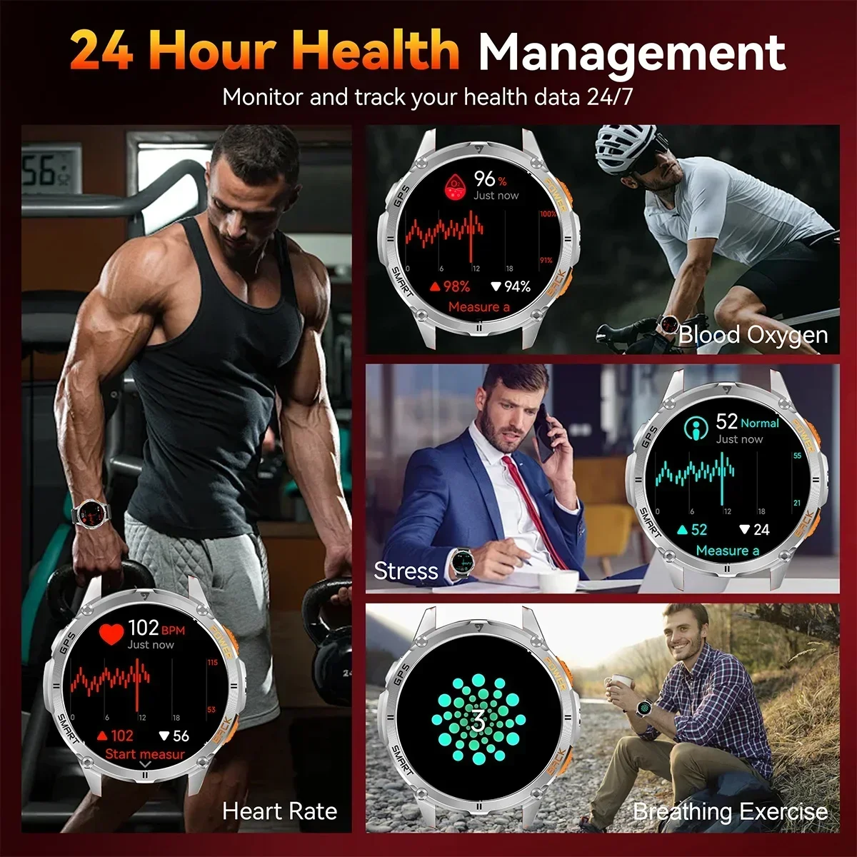 KPEP GPS-Smartwatch, 1,43 Zoll AMOLED-Bildschirm, integrierter GPS-Taschenlampe, Kompass, wasserdichte Outdoor-Sport-Smartwatch, Fitness-Tracker