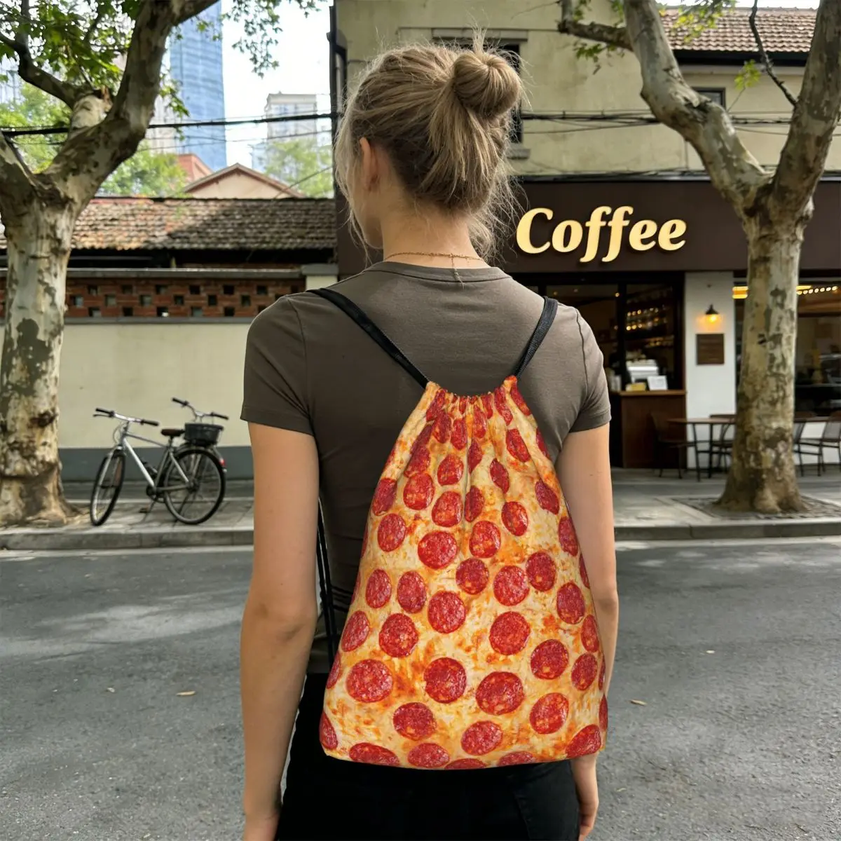 Realistic Pepperoni Pizza Pattern Backpacks Casual Drawstring Bags Sports Bag Book Bags for Man Woman School