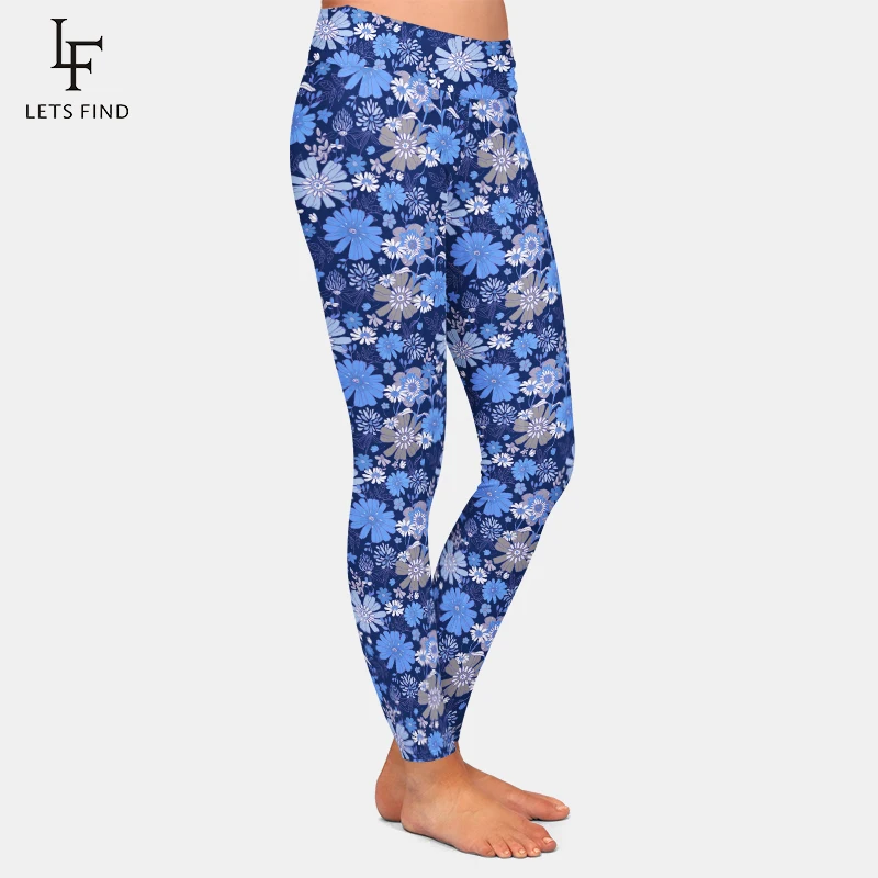 LETSFIND High Waist Women Pants 3D Blue and White Hand Drawn Flowers and Leafs Pattern Print Fitness Slim Stretch Leggings