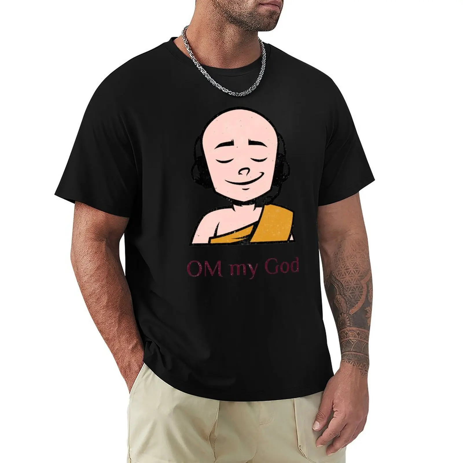 Om My God! Cute Modern Buddhist Monk With Headset T-Shirt Basic Simple Design Short Sleeve Shirt