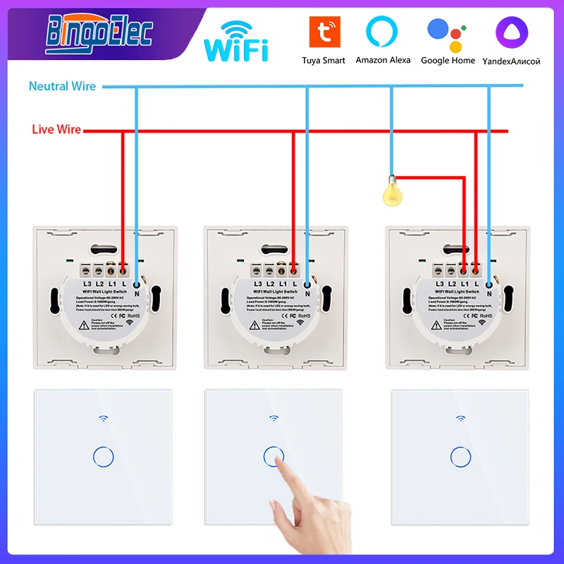 Bingoelec wifiスマートマルチコントロールスイッチeu 1 2 3ギャングガラス壁タッチスイッチRF433リモコンチュウヤalexa googleホーム