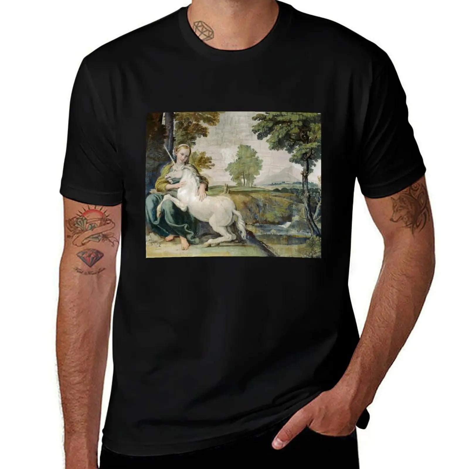

Medieval Unicorn Floral Tapestry / Painting T-Shirt Regular Fit Plain Tee Shirt