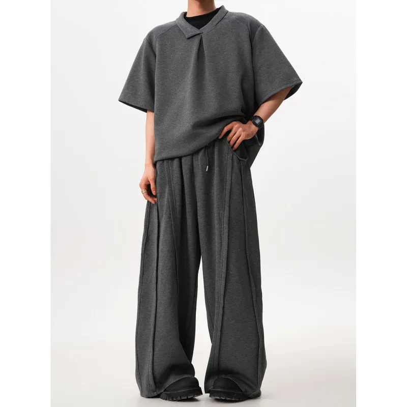 

American Style Heavyweight Men's Summer T-Shirt Set with Irregular Short Sleeves Casual Sporty Long Pants Complete Outfit