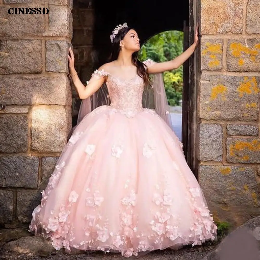 Roze Quinceanera Jurken Cinderella Met Cape Bloemen 3d Bloemen Applique Parels Veters Baljurk Sweet 16 15 Jurk