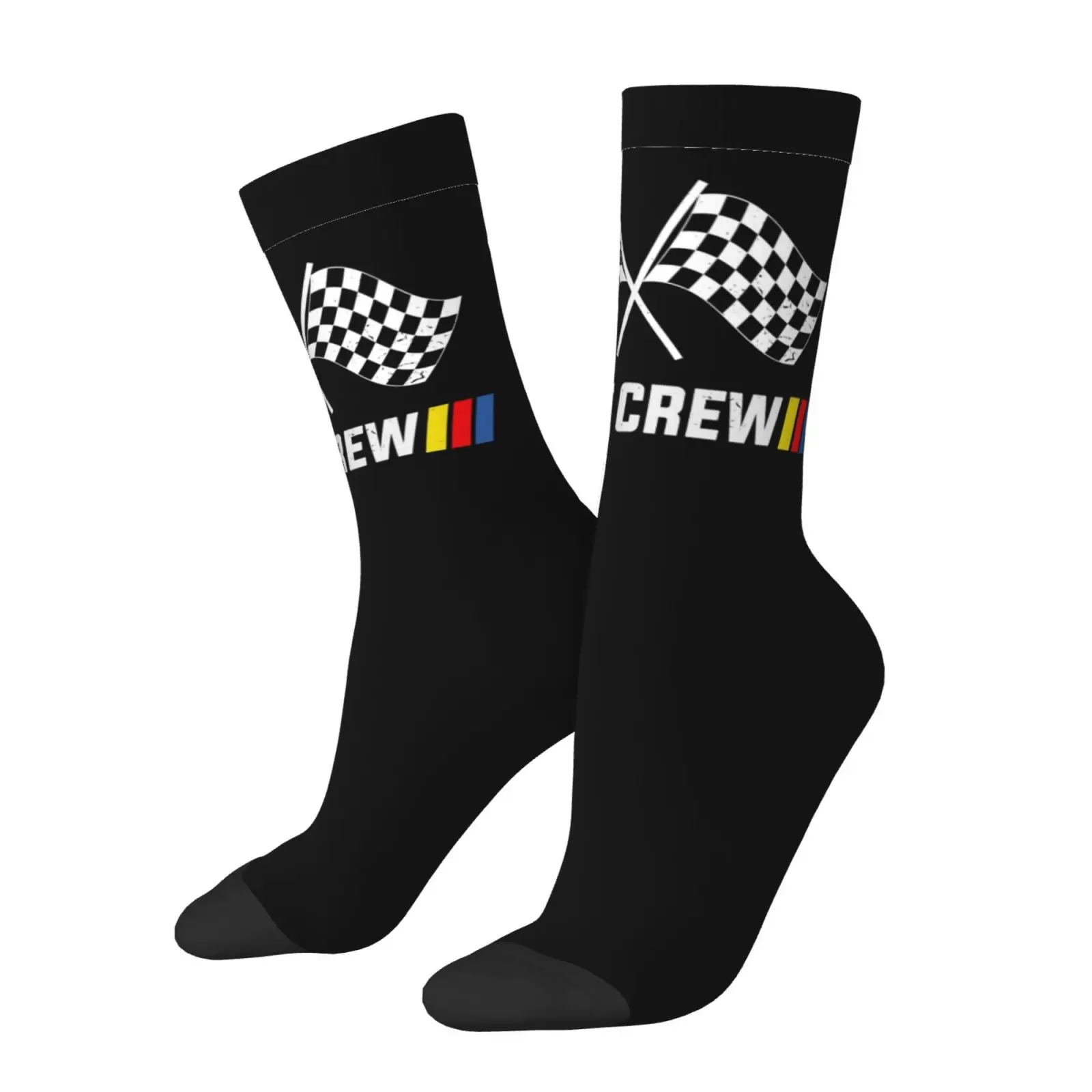 Motorsport Racing Flag Crew Socks Black Checkered Flag CREW Letter Mid Calf Socks For Men Women