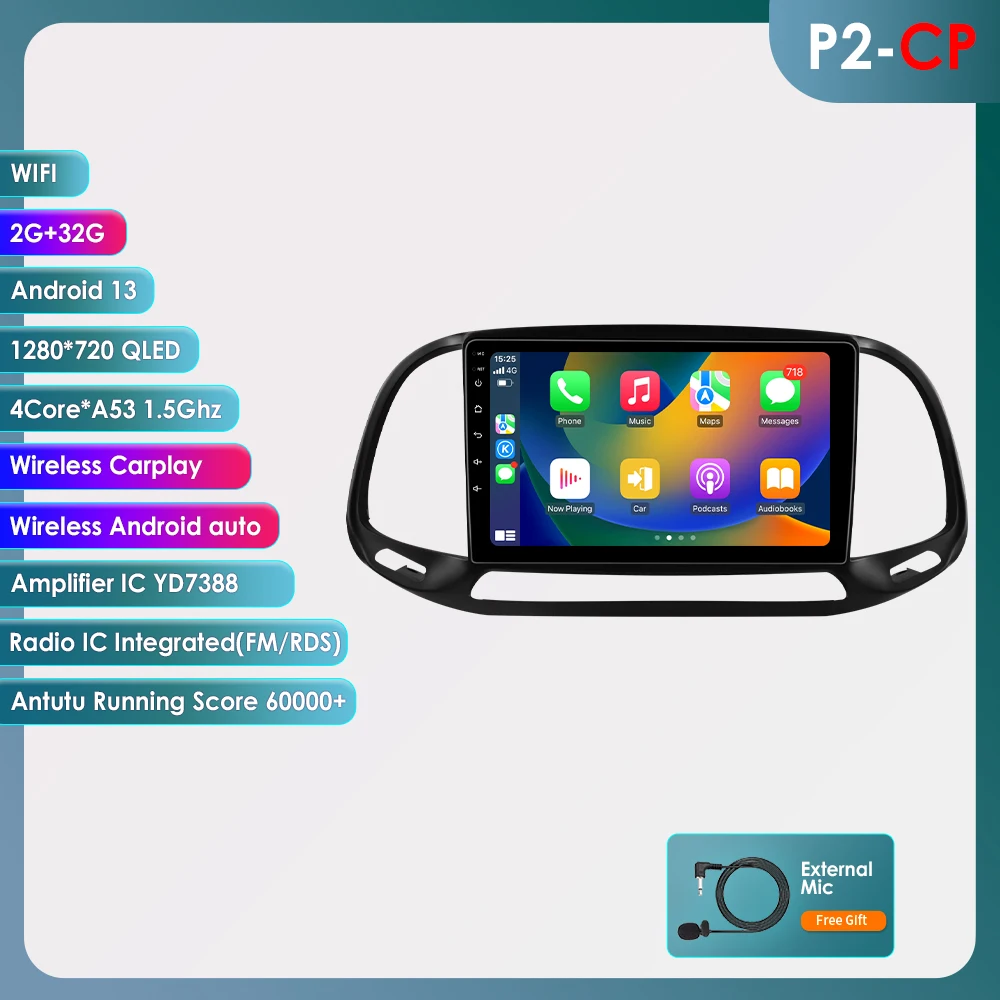 Hizpo Ai Voice Autoradio Radio Voor Fiat Doblo 2015 - 2019 4G Auto Multimedia Gps 2din Draadloze Carplay Android Automatische Navigatie Bt