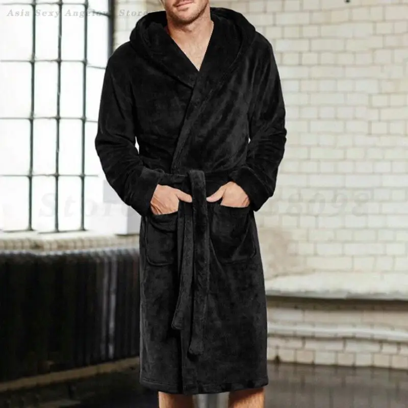 Thickened Coral Fleece Long Robe Sleepwear Plus Size 5XL Flannel Men Home Clothes Loungewear Winter Hooded Bathrobe Nightwear