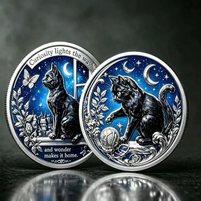 2026 Vintage Mystic Black Cat Moon Witch Spirit Pet Gold Embossed Collectible Medal UV Enamel Decorative Badge Pocket Gift