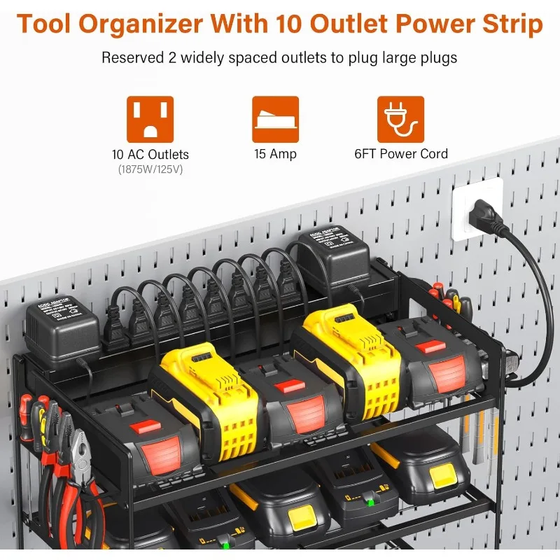 Power Tool Organizer with 10 Outlet Power Strip, 4 Layer Wall Mount Drill Holder with Charging Station, 4 Drills Storage Shelf