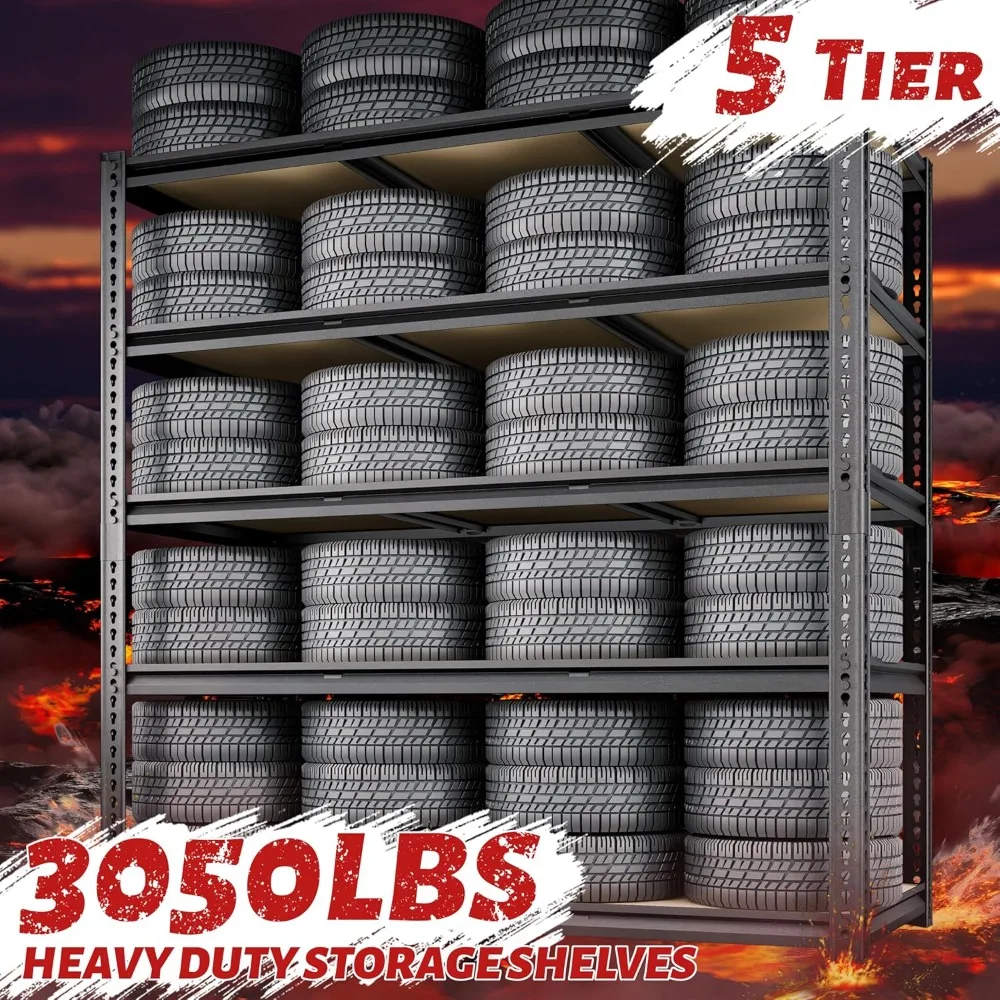 48"WGarage Shelving, 3050LBS Storage Shelves Heavy Duty,5 Tier Metal Shelving Unit Adjustable Garage Shelves Heavy Duty Shelving