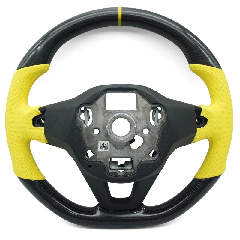 For Volkswagen Steering Wheel Horn Cover Golf 8 Carbon Fiber Half Perforated Leather Yellow Line Yellow Center Mark Heated Style