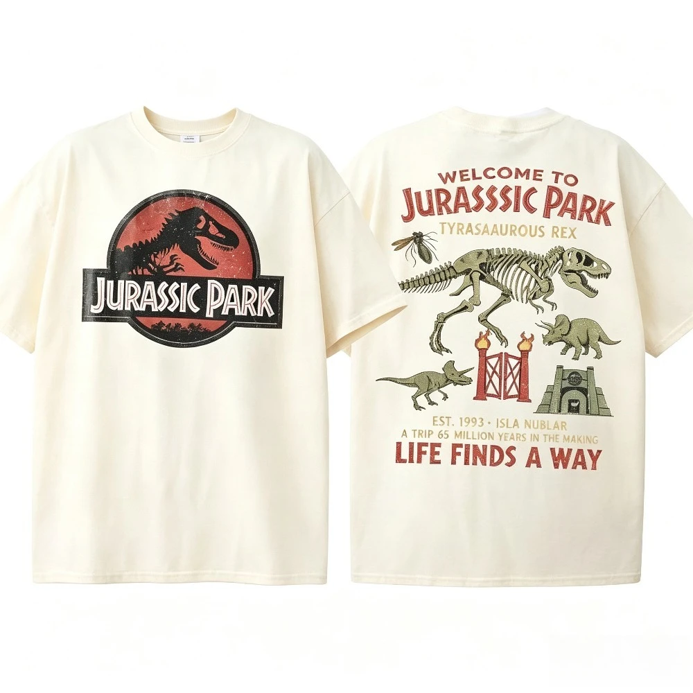 Vintage Jurassic Park T Shirt Men Dinosaur Skeleton Graphic Tees Casual Loose Oversized Streetwear Cotton Short Sleeve T-shirt
