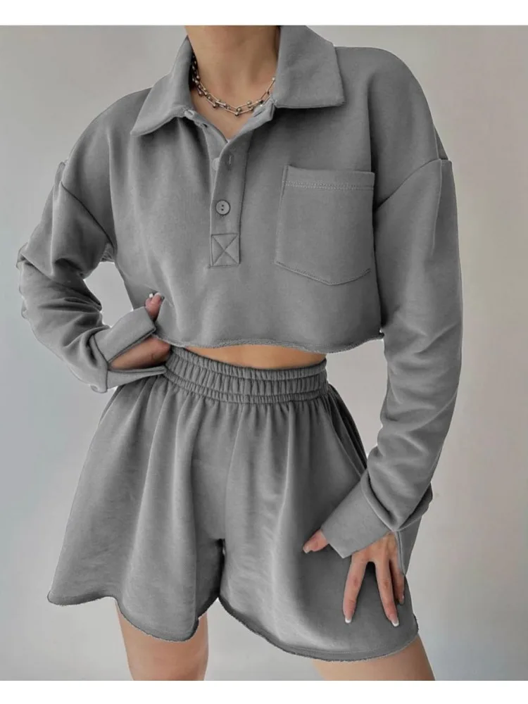 Y2k Streetwear Shorts Set Two-piece Suit Long Sleeve Crop Tops Shorts High Waisted Sweatshirt Student Harajuku Women Clothing