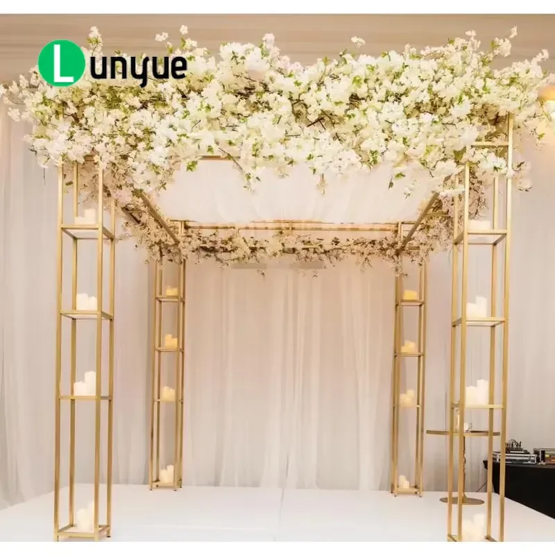 10ft Gold Stainless Steel Chuppah Frame Transformable Wedding Arch Metal Background Decor for Ceremony Party Event Durable