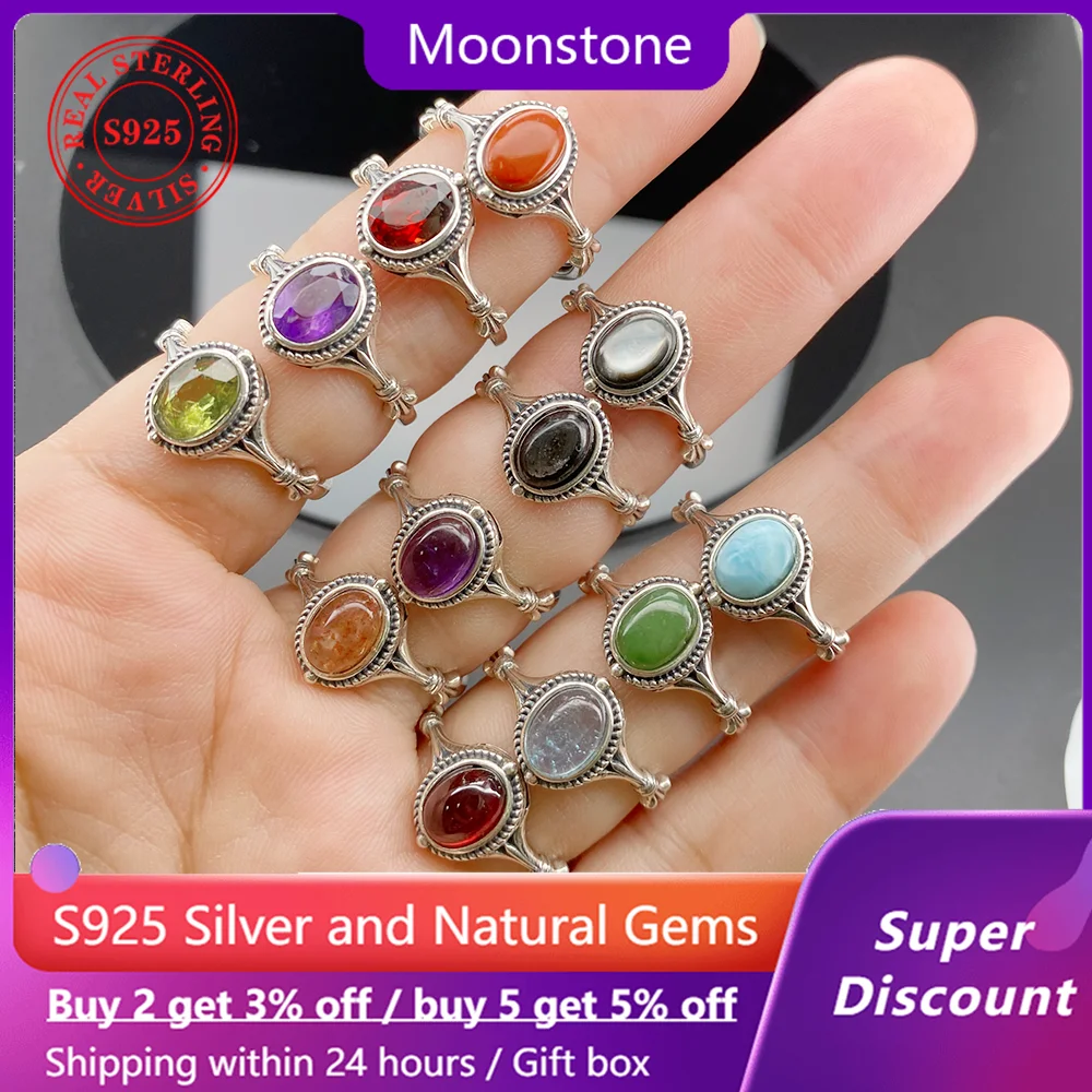 

925 Silver Women's Ring Natural Crystal Opal Aquamarine Amethyst Wedding Jewelry Gift Exquisite Simple Moonstone Garnet Ring