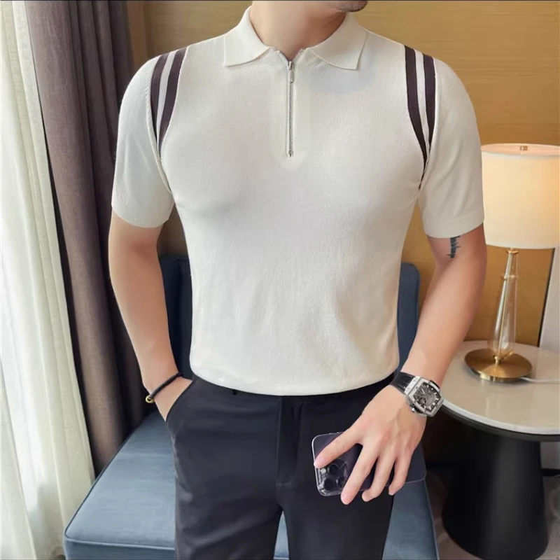 Brand Knitted Ice Silk Short Sleeved POLO T-shirt Men Summer Zipper Polo Shirts Fashion Casual Business Social TEE Men Clothing