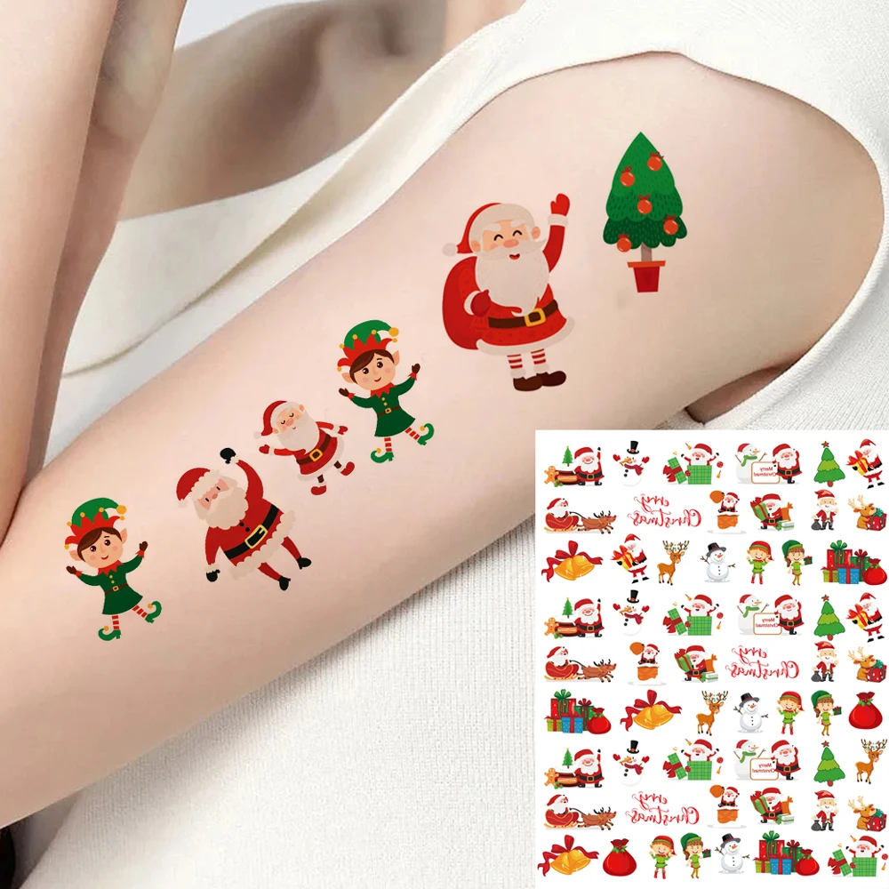 

Водостойкие мультяшные татуировки-наклейки для рождественских тела, рождественские елки, временные татуировки, Санта-Клаус, снеговик, поддельные татуировки