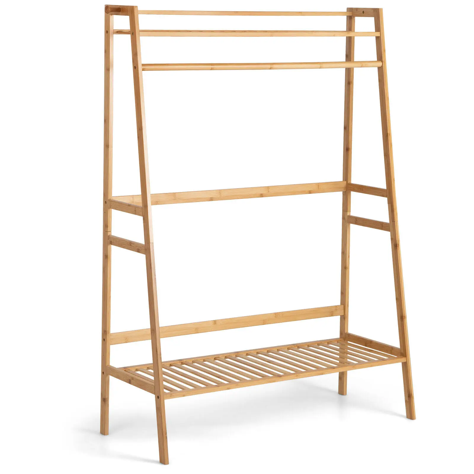 Costway 2-Tier Bamboo Garment Rack Clothing Storage Organizer Coat Hanger w/ Rod & Hooks