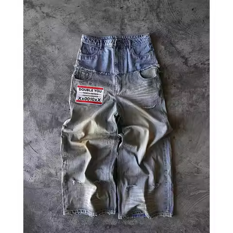 American Retro Double Stitching Washed Baggy Jeans Men's Y2K New Harajuku Hip-Hop Gothic Casual Joker Wide Trousers Street Wear