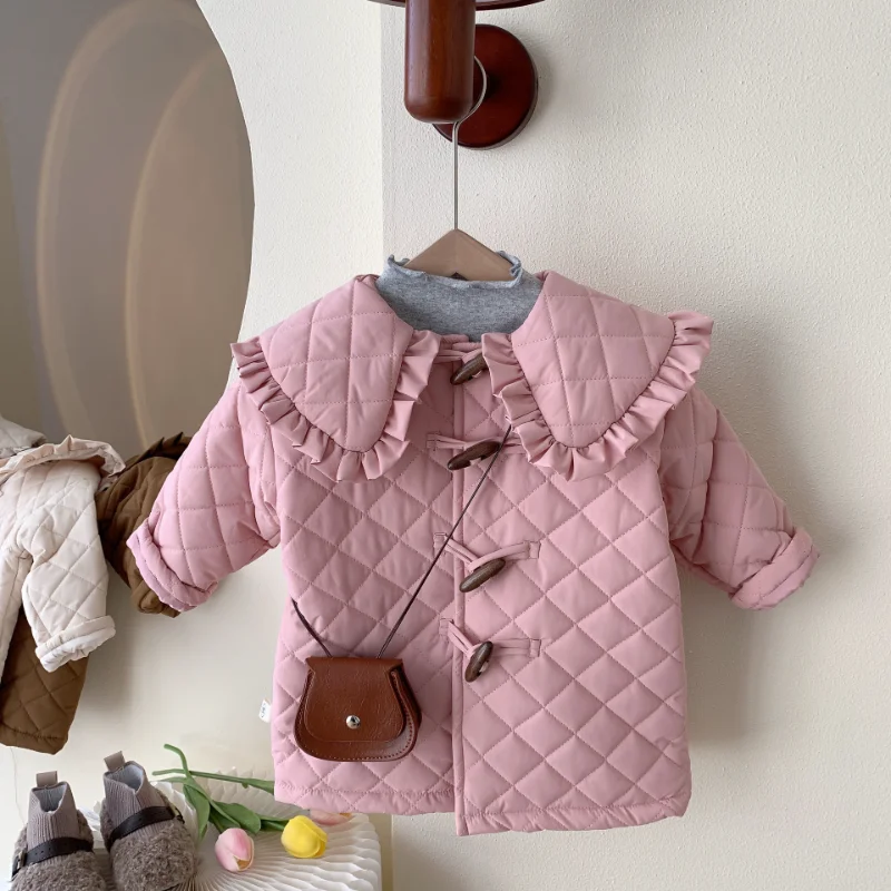 

New Winter Clothes for Girls Kids Lattice Horn Buckle Cotton Jackets Toddler Girl Fashion Jacket Dress Warm Coat 3 Colors 1-8Y