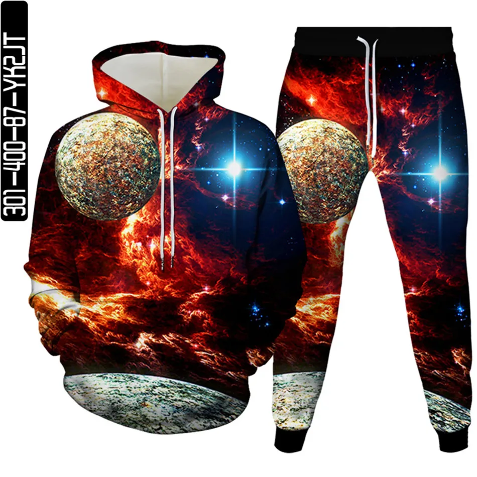 Fall Men Fashion Tracksuit Long Sleeve Harajuku Universe Galaxy Planet Star Printed Teen Clothing Women Hoodies+Trousers 2pcSet