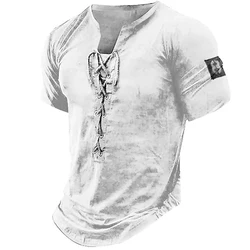 Classic Mens Lace Up Slim Fit TShirt, Short Sleeve Gym Tee Tops, Pullover Style, Loose Fit, Breathable Material