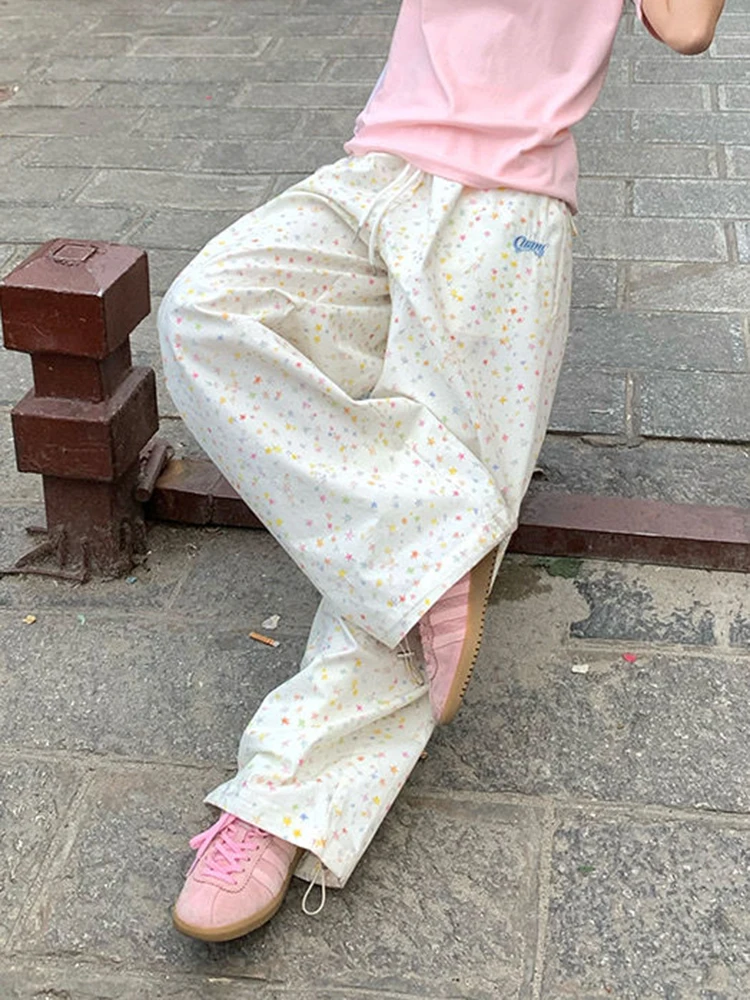 Zoki Stars Print Letter Cargo Pants Women Sweet Fashion High Waist Wide Leg Trousers Casual Loose Preppy Style Female Cute Pants