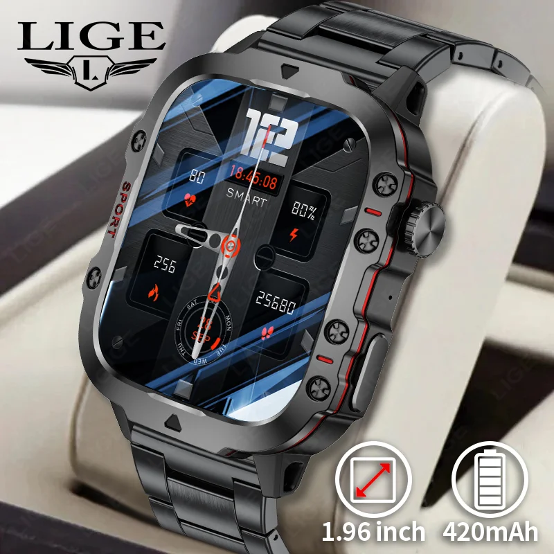 

Умные часы LIGE Rugged Military с аккумулятором 420 мАч, водонепроницаемые (3ATM), спортивные, для фитнеса, с измерением пульса и давления, голосовыми вызовами AI