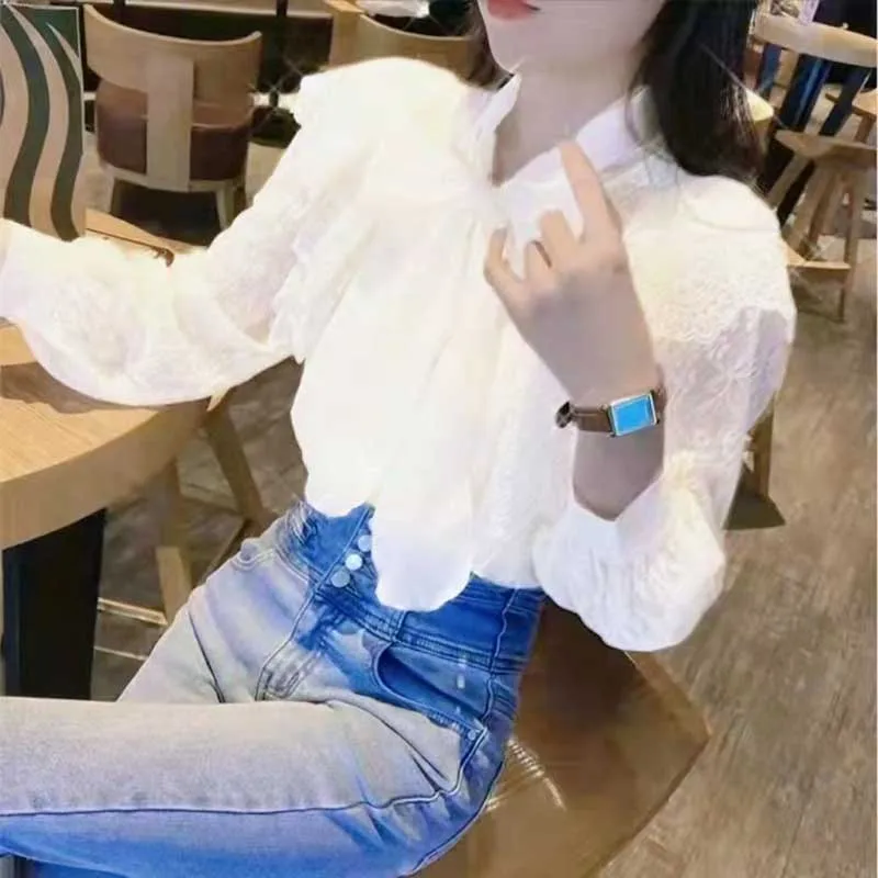 Fashion V-Neck Lace Up Bow Lace Ruffles Shirts Women\'s Clothing 2024 Spring Summer New Loose Korean Tops Puff Sleeve Blouses