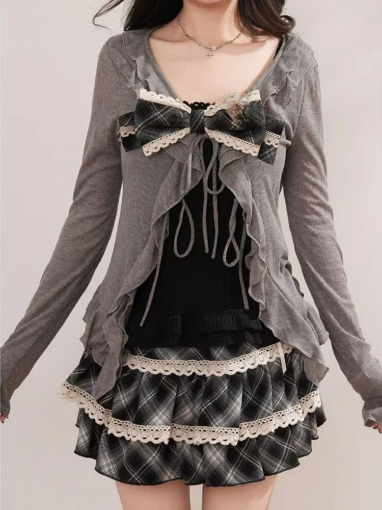 Japanese Lolita Sweet 3 Piece Outfit Hot Girl Casual Short Cardigan Slim Fit Vest Puff Cake Skirt Harajuku Kawaii Suit For Women