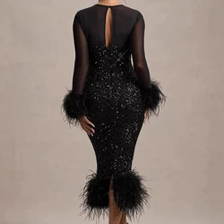 Casual O Neck Mesh Long Sleeve Party Dress 2024 Feather Patchwork Slim A-line Dress Elegant Sequin Backless Wrap Hip Women Dress