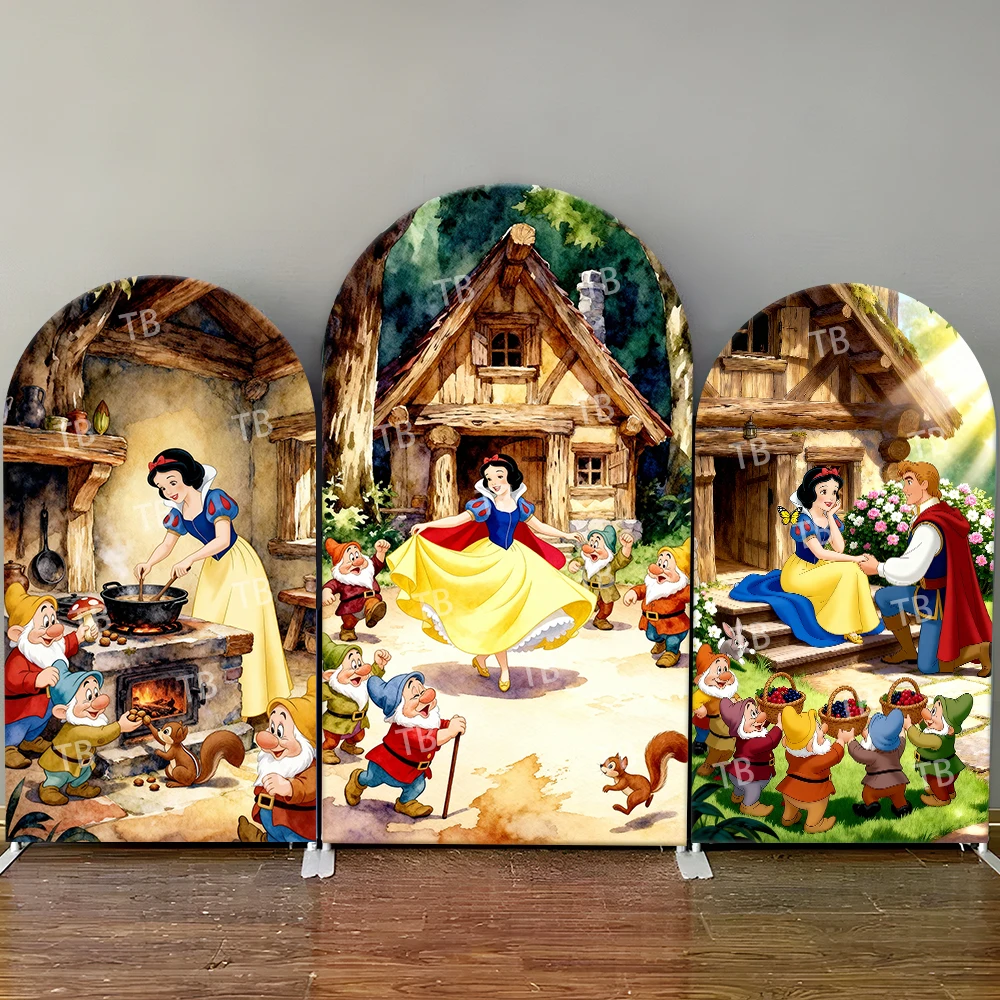 

Snow White and Seven Dwarfs Arch Backdrop Cottage Squirrel Flowers Elements Sweet Photo Booth Props for Parties &Home Decoration