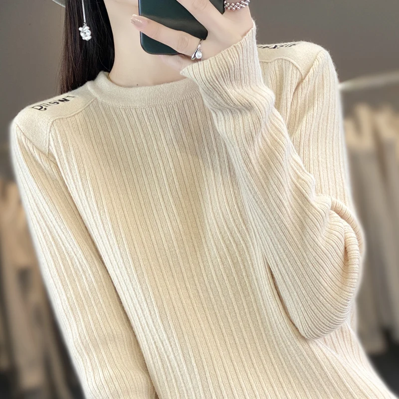 Sweater crewneck pullover for women warm long sleeve solid color bottom shirt autumn and winter wool commuter style