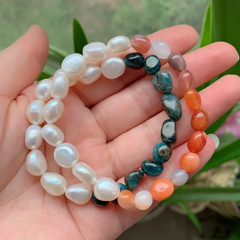 Pulseras de hilo de perlas barrocas para mujer, pulseras de cuarzo con cuentas de perlas naturales de agua dulce, cuarzo, ágatas Rojas curativas, Reiki