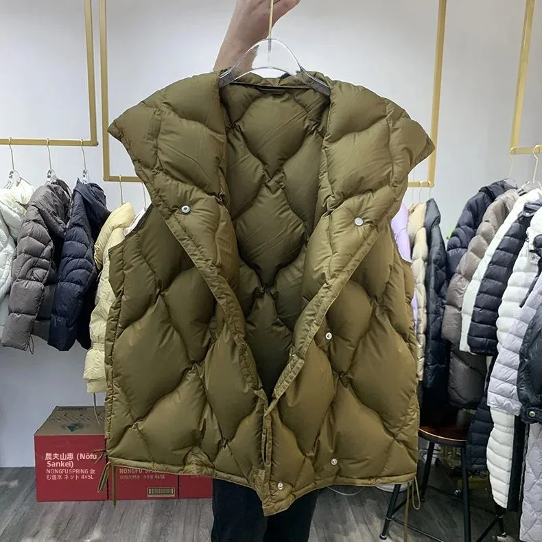 Thickened White Duck down Puffer Vest Soft Cozy Winter Jacket Commute Style with Pocket Polyester Fiber Hooded Regular Length
