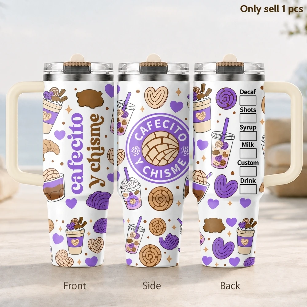 Cafecito Y Chisme Vacuum Flasks 40oz 3rd Gen Vacuum Insulated Stainless Steel Car Tumbler Cup with Handle Straw Lid