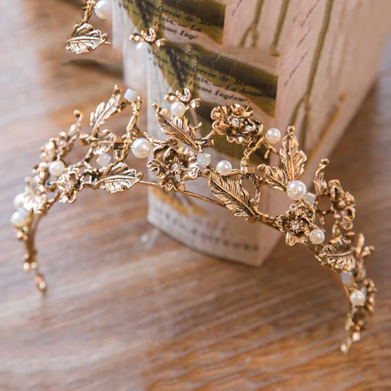 Vintage Baroque Gold Color Pearl Leaf Bridal Tiaras Crystal Crown Hairbands Vine Tiara Wedding Hair Accessories Bride Headband