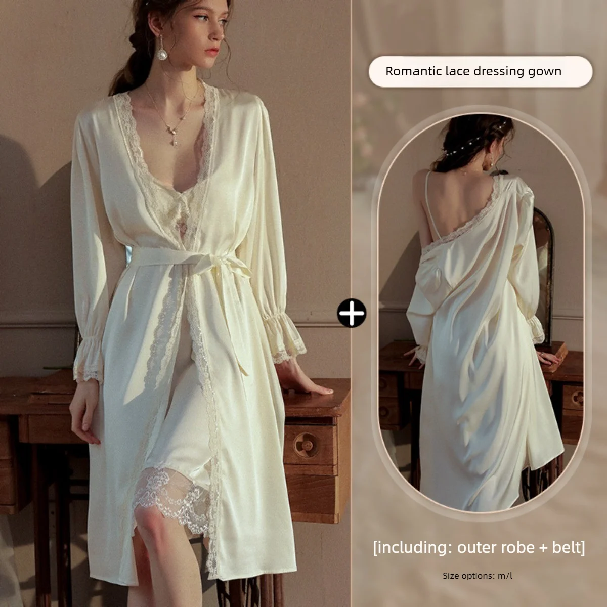2pcs Set Luxurious Princess Silk Sleepwear Summer Court Sexy Pad Lace Thin New Home Clothes Strap Sleepwear Nightgown for Women