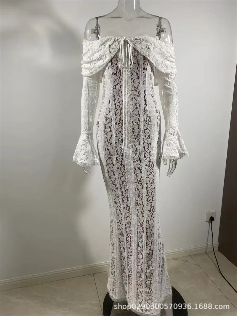 Abito da ballo da donna in pizzo bianco con fodera con spalle scoperte maniche lunghe abito da festa abiti lunghi tubino abito da sera formale per ospiti a sirena
