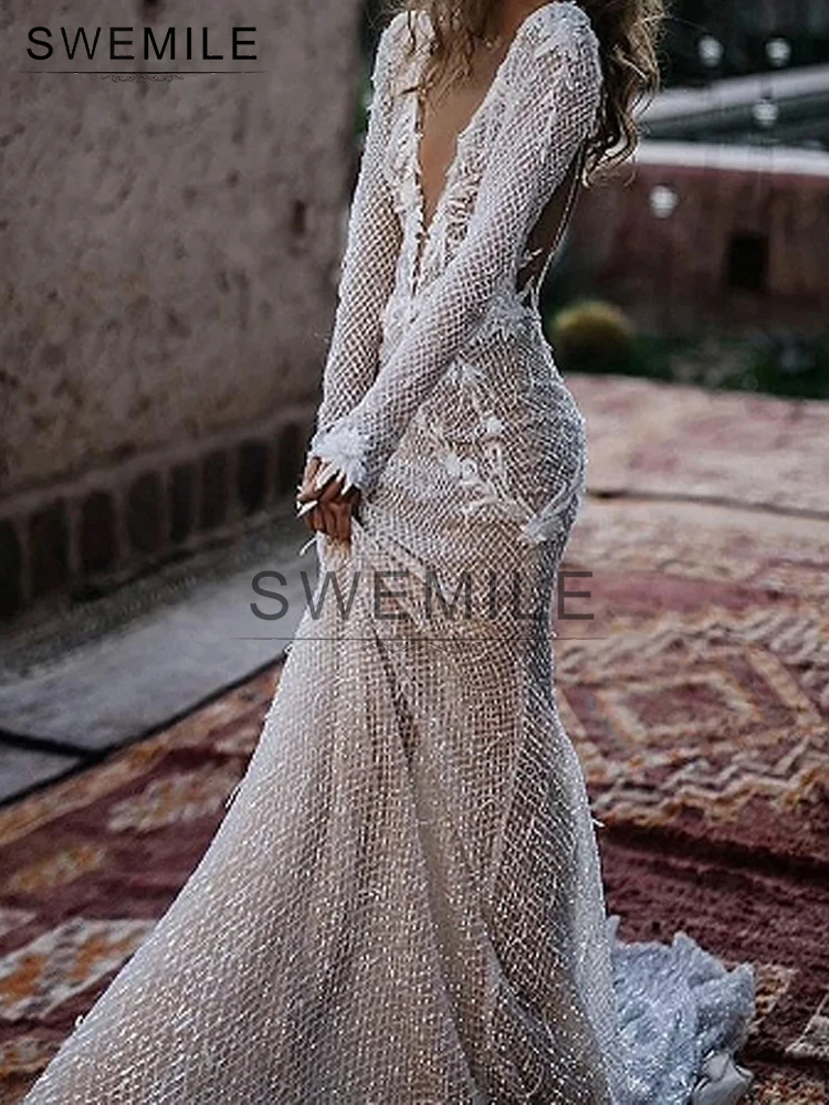SWEMILE เลื่อมภาพลวงตา Backless Appliques Boho ชุดแต่งงานแขนยาว V คอ Elegant ชุดเจ้าสาวชายหาด Vestido De Novia