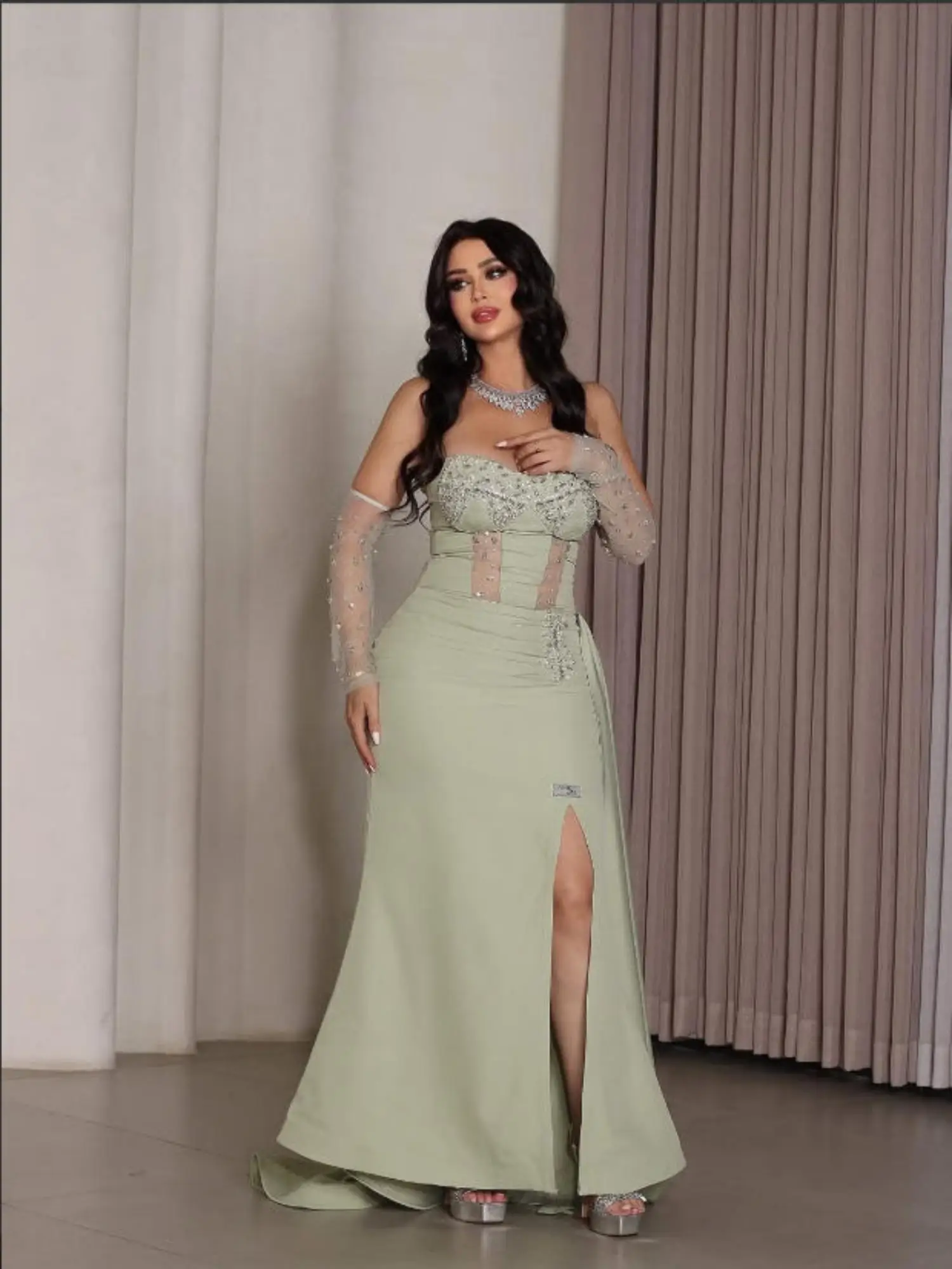 Arabia Elegant Green Evening Dresses Sheer Corset Mermaid High Split With Detachable Beaded Mesh Sleeves Formal Party Gowns 2026