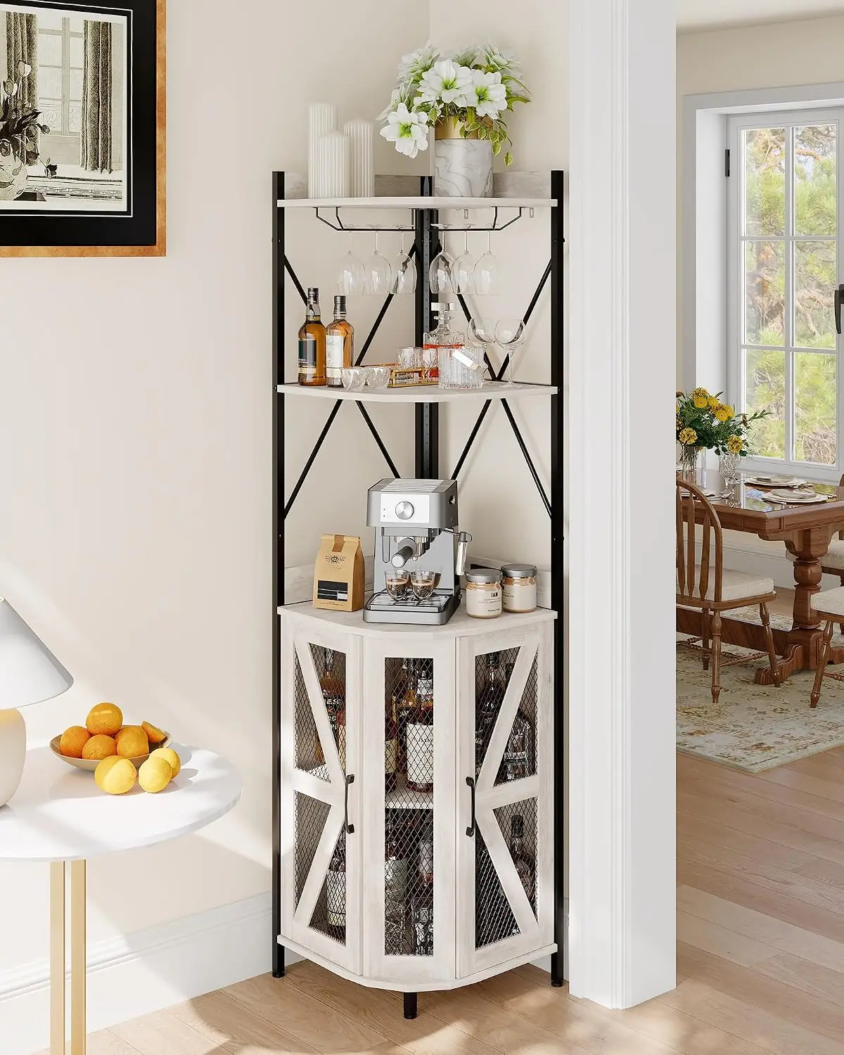 Corner Bar Cabinet with LED & Outlet, Storage & Wine Rack, Farmhouse for Dining Living Kitchen, 12 Colors, Customized