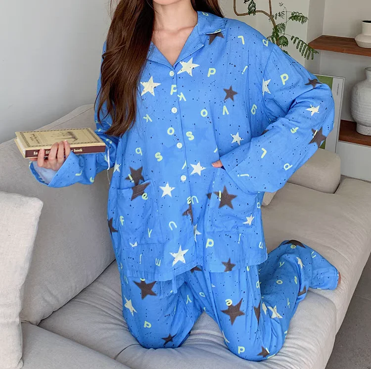 Korean Style Star Pajamas Set Youth Women Spring Y2k Clothes Hip Hop Harajuku 2000s Blue Pijamas Home Pjs Sleepwear For Sleeping